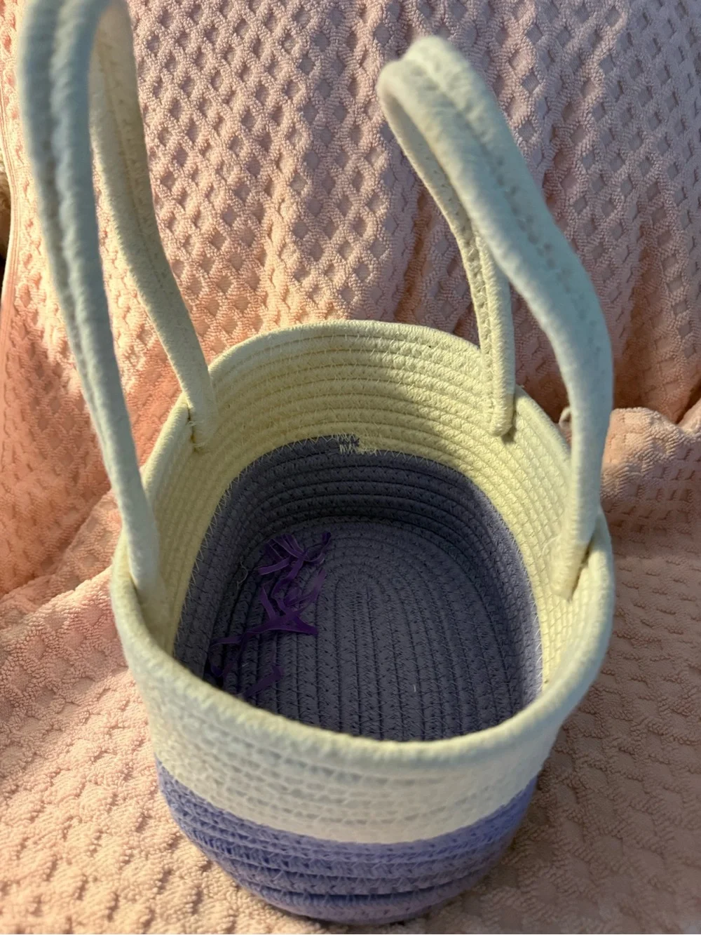 Source Unknown Cream and Lavender Rope Tote Basket